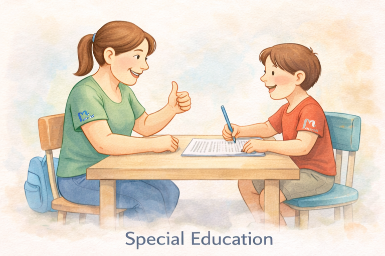 سكتش لطفل يتعلم مع معلمة تعليم خاص في بيئة هادئة