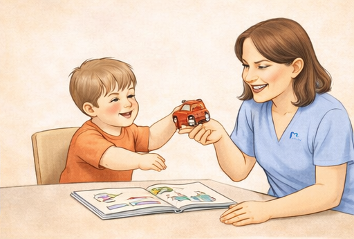 طفل يجلس ويتابع النشاط بهدوء بعد تدخل ABA