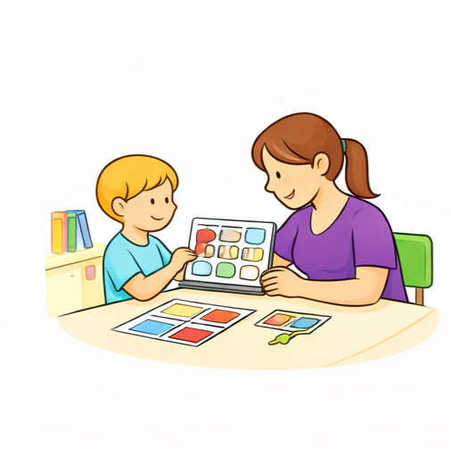 طفل ينجز نشاطًا تعليميًا بالتعاون مع الأخصائية