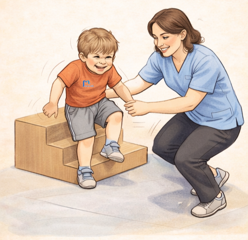 طفل يجد صعوبة في تجاوز خطوة أو حاجز قبل العلاج الطبيعي