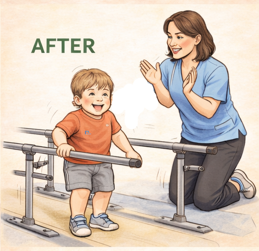 طفل يقف بثقة أكبر بعد العلاج الطبيعي