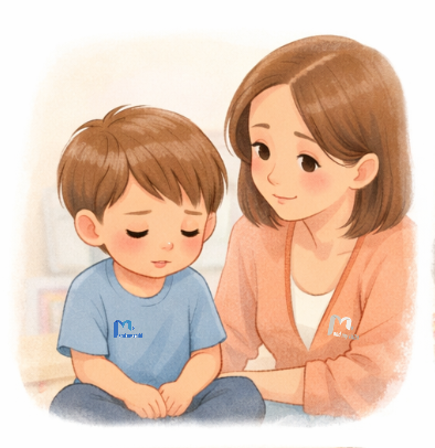 طفل يعاني من تأخر الكلام تجلس بجانبه والدته في مشهد داعم وهادئ