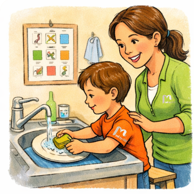 طفل يتعلم مهارات الحياة اليومية