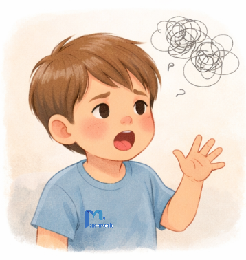 طفل يواجه صعوبة في التعبير عن أفكاره وكلماته في مشهد يوضح تحديات التواصل