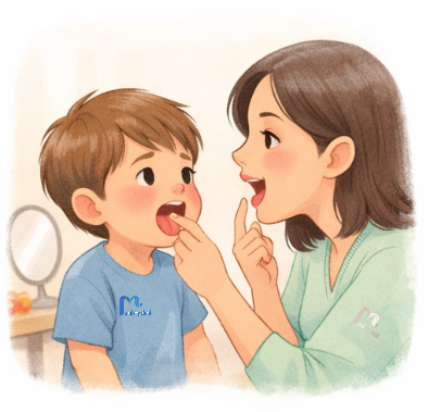 أخصائية لغة وتخاطب تساعد طفلًا على نطق الأصوات بشكل صحيح أثناء جلسة علاج