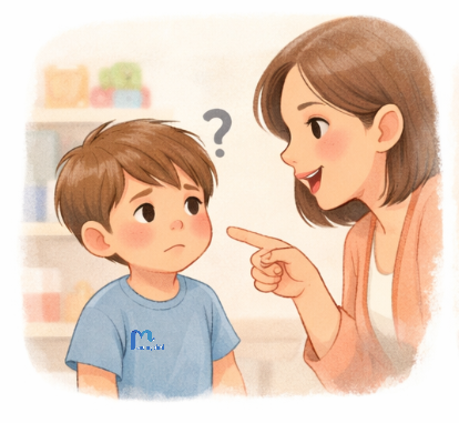 طفل يعاني من تأخر الكلام تجلس بجانبه والدته في مشهد داعم وهادئ